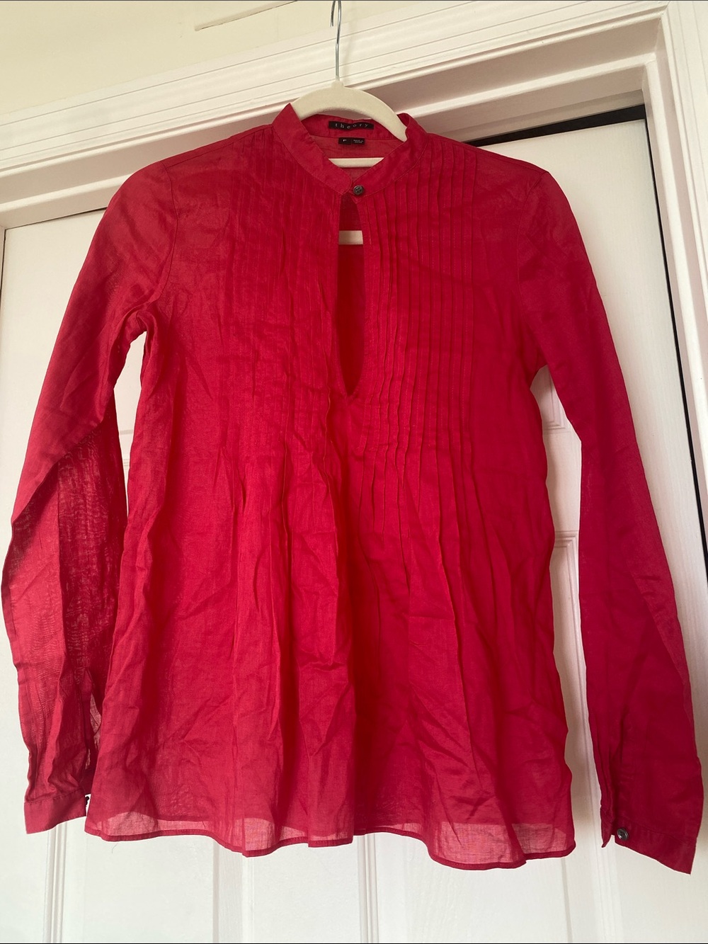 Theory XS Raspberry Red Pleated Keyhole Button Neck Sheer Office Casual Blouse